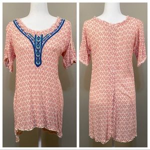 Western Tunic Top Raw Hem Anthro Holding Horses Boho Pink Cream Turquoise Small